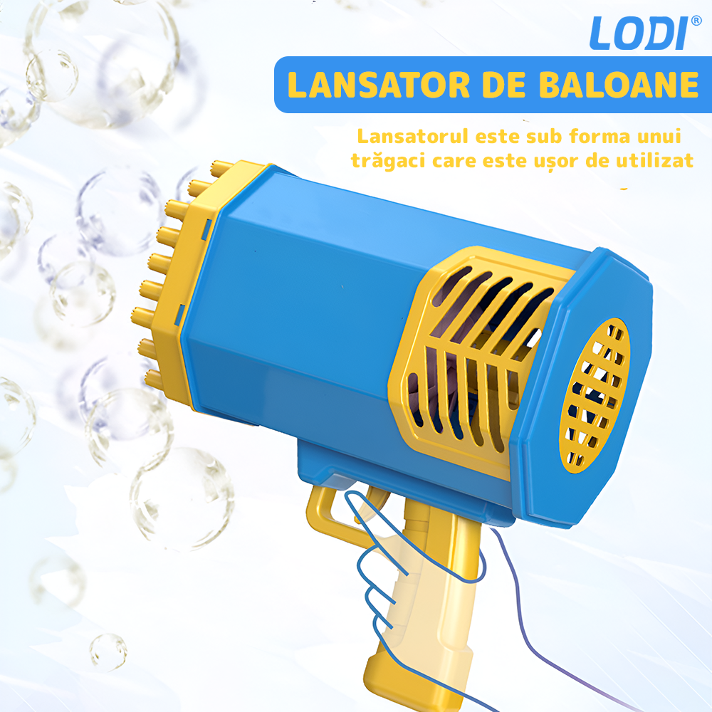 Pistol de Facut Baloane Bubble Gun Lodi1213, tip Bazooka, automat, 69 orificii pentru bule, alimentare cu baterii, albastru/galben