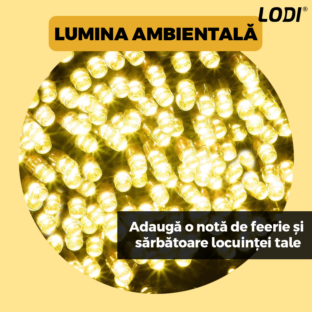 Instalatie de Craciun Liniara cu Panou Solar Lodi1458, 20 m, 8 jocuri de lumini, alimentare la priza, fir verde, interior/exterior, rezistenta la apa, 200 LED-uri, alb cald