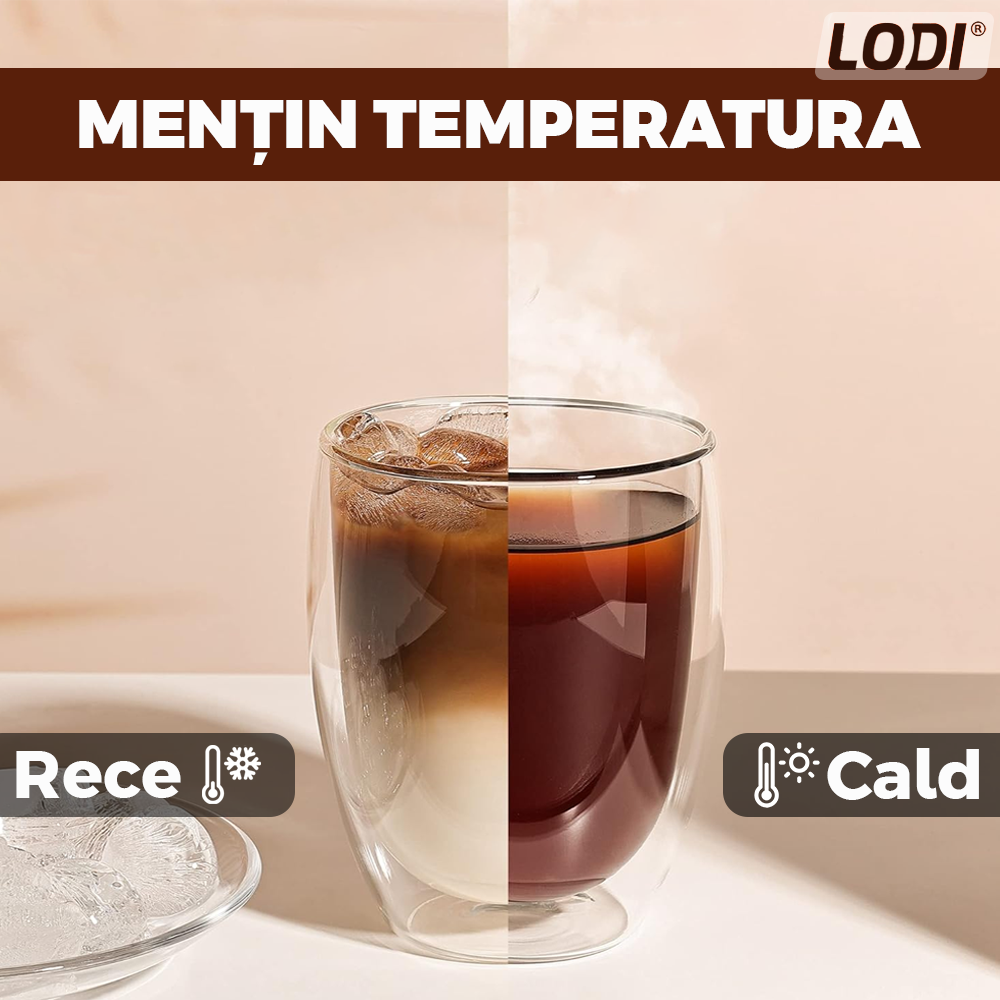 Set 4 pahare din sticla cu perete dublu Lodi419, termorezistente, design modern, capacitate 250 ml, 9 x 8 cm