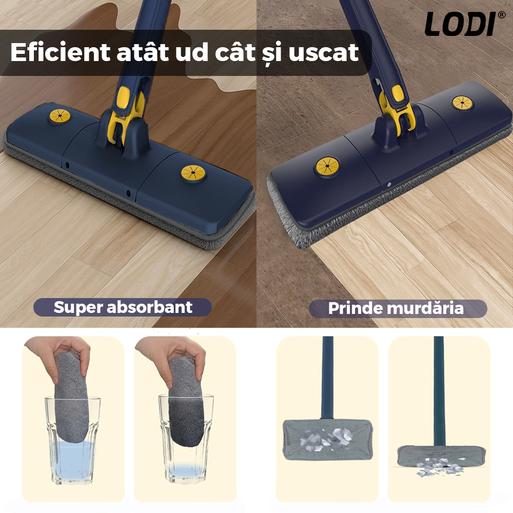 Mop cu Cap Dreptunghiular Lodi1176, rotire 360 grade, telescopic, curatare usoara, 5 lavete incluse, 123 cm, albastru/galben