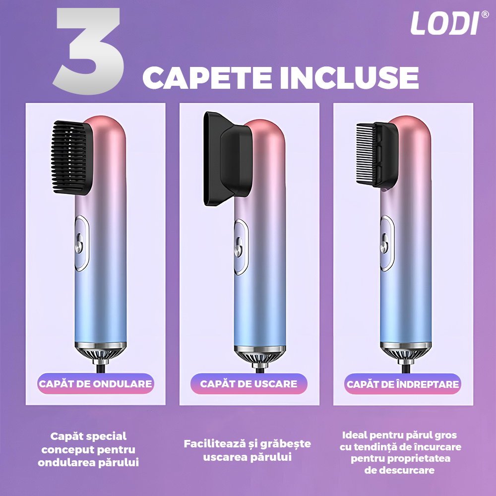 Uscator Profesional de Par 3 in 1 Lodi973, aparat multifunctional coafare si uscare, 3 accesorii incluse, 1200W, multicolor pastel