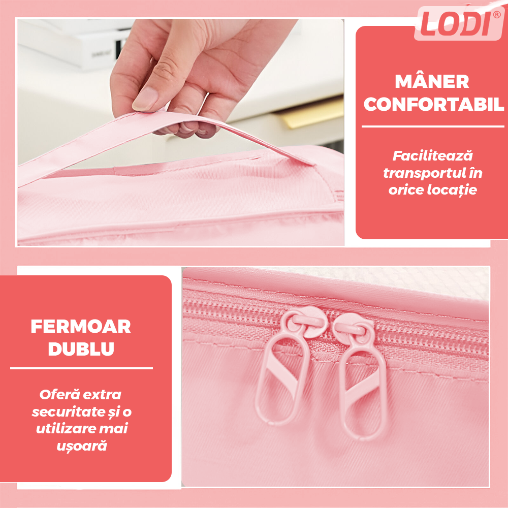 Set 6 Organizatoare Lodi1240, pentru calatorie, diferite marimi, bagaj de voiaj, valiza, troler, genti, haine, accesorii, inchidere cu fermoar dublu, plasa, roz
