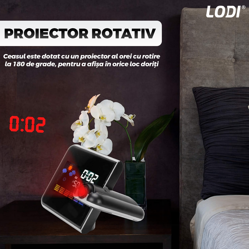 Ceas cu Proiector Multifunctional Lodi1499, statie meteo, higrometru, wireless, afisaj digital, proiector rotativ la 180°, predictie vreme 12 ore, 15 x 11 x 2.5 cm, negru