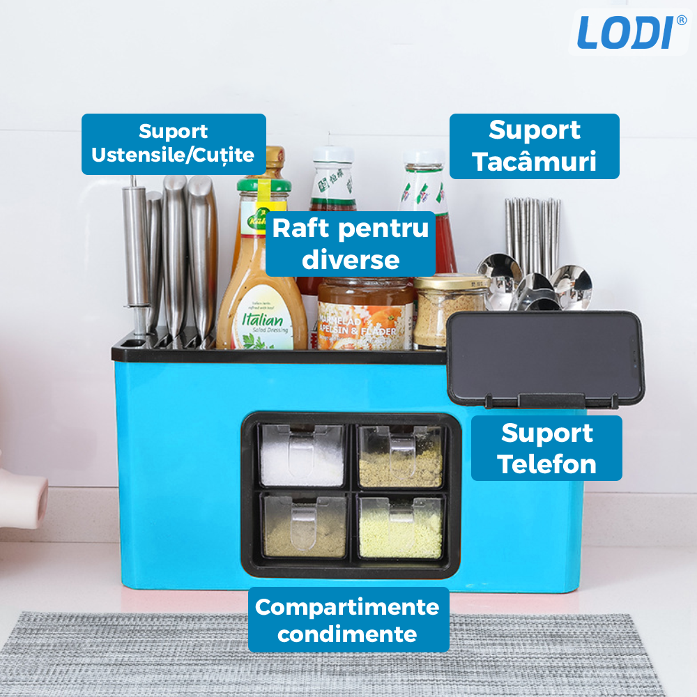 Organizator Multifunctional pentru Bucatarie Lodi604, 4 Compartimente, raft condimente, suport detasabil telefon, tavita de scurgere, suport tacamuri/ustensile, albastru