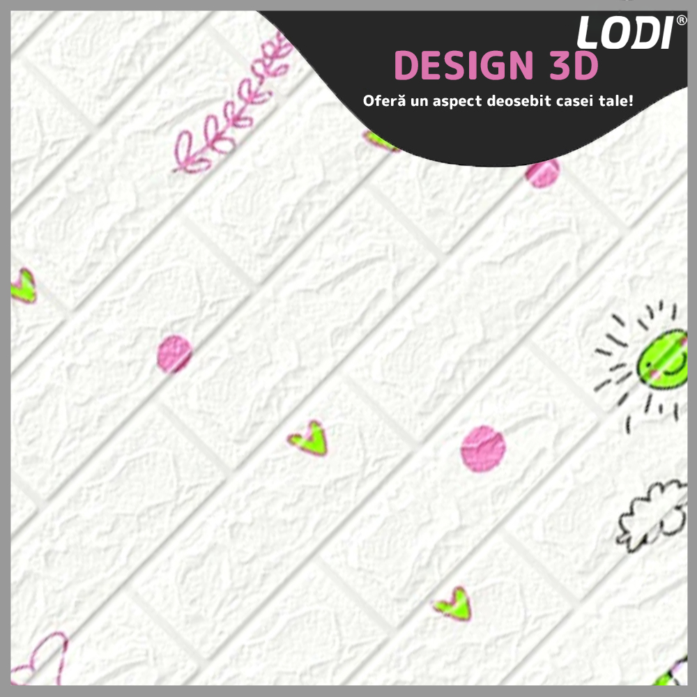 Set Tapet Caramida 3D Lodi76, model Nori si Baloane, suprafata acoperire 5.3 mp, autoadeziv, waterproof, usor de montat, design modern, 70x77 cm, alb