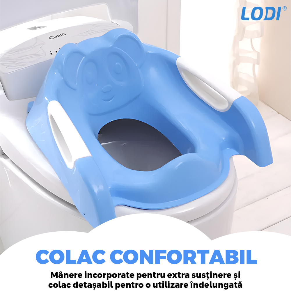 Reductor WC cu Scara Lodi974, antiderapant, pentru copii cu varsta pana la 7 ani, protectie impotriva stropilor, 1 treapta, reglabil pe inaltime, manere de sustinere, alb/albastru