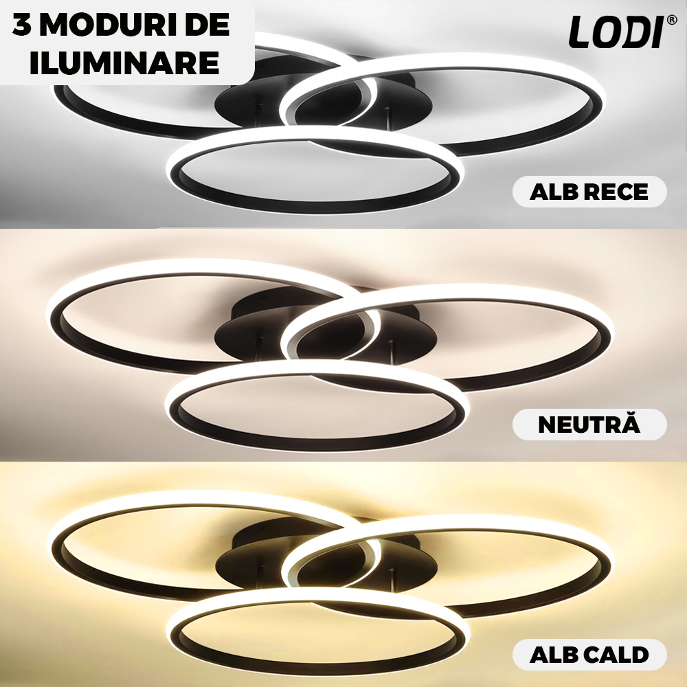 Lustra LED 3 Cercuri Lodi427, dimabila cu telecomanda, 3 tipuri de lumina, intensitate ajustabila, lumina alba rece, neutra, alba cald, putere 76 W, 47.7 cm