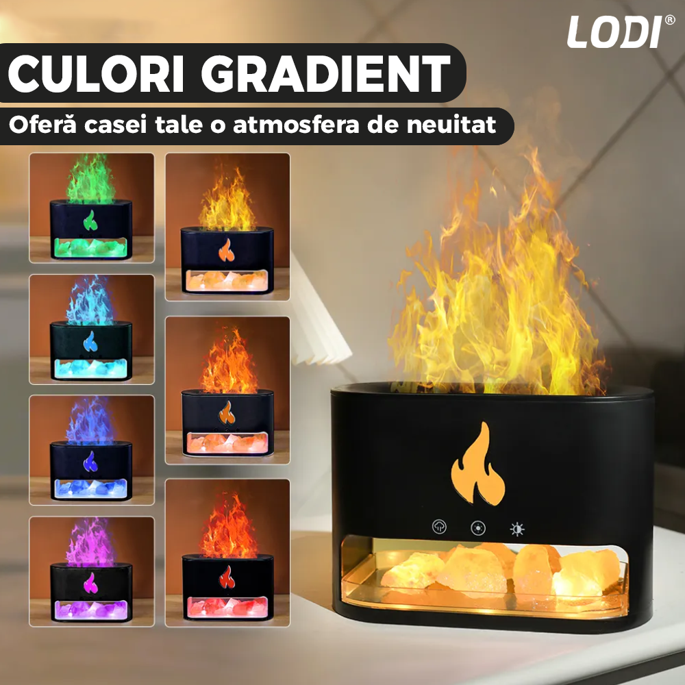 Difuzor Aromaterapie Lodi594, efect flacara, 4 culori LED, capacitate 250ml, cristale de sare de himalaya, silentios, umidifica aerul, negru