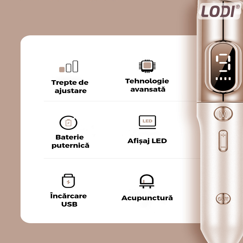 Aparat Plasma Pen Lodi524, 9 viteze, 5 ace de schimb incluse, indepartarea alunite, pete, negi, cicatrici, tatuaje, pistrui, lifting pleoape, afisaj LCD, auriu