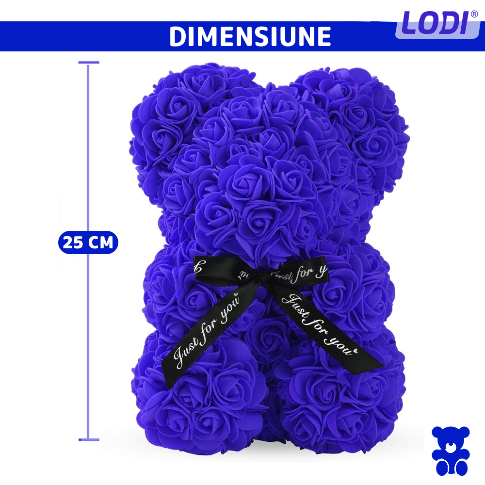 Ursulet din Trandafiri de Spuma Lodi332, floral albastru, handmade, cutie transparenta, 25 cm