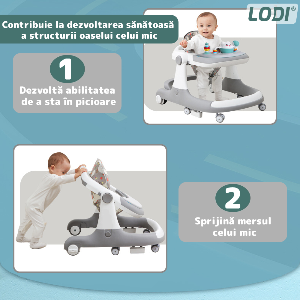 Premergator Multifunctional pentru Bebelusi Lodi1100, tava cu 3 jucarii, pisica, muzica, reglabil, pliabil, greutate max 20kg, 6-36 luni, gri