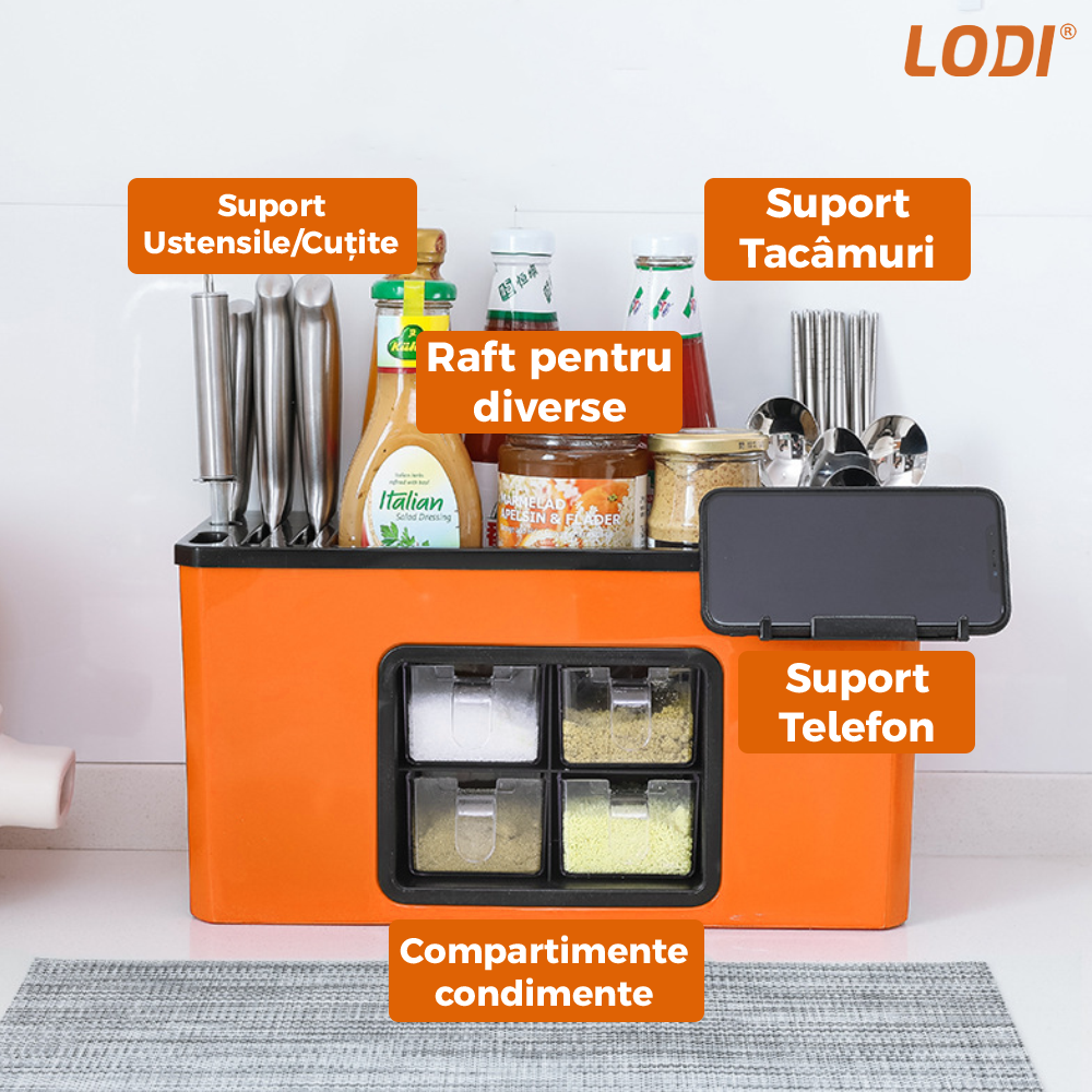 Organizator Multifunctional pentru Bucatarie Lodi603, 4 Compartimente, raft condimente, suport detasabil telefon, tavita de scurgere, suport tacamuri/ustensile, portocaliu