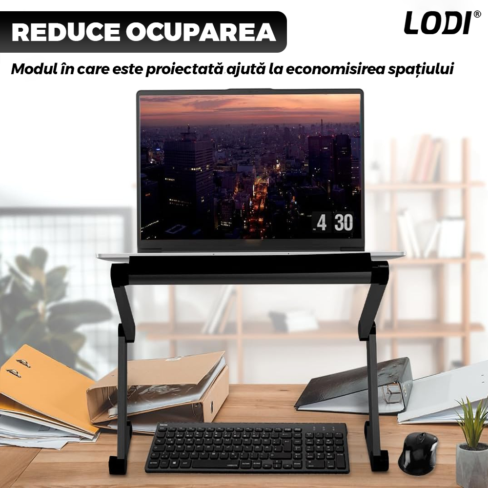 Masuta pentru Laptop 2 in 1 Lodi1451, reglabila pe inaltime, fante de aerisire, suport reglabl pentru mouse, multifunctionala, versatila, 42 x 26 cm, negru