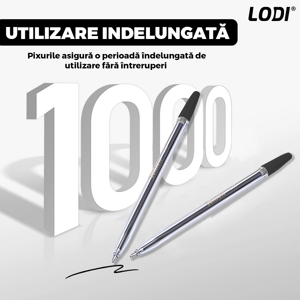 Set 50 de Pixuri Lodi1509, tip ballpoint, material rezistent, durabile, rezistente in timp, cap 0.7 mm, scriere neteda cu uscare rapida, cu capac, corp de plastic, negru