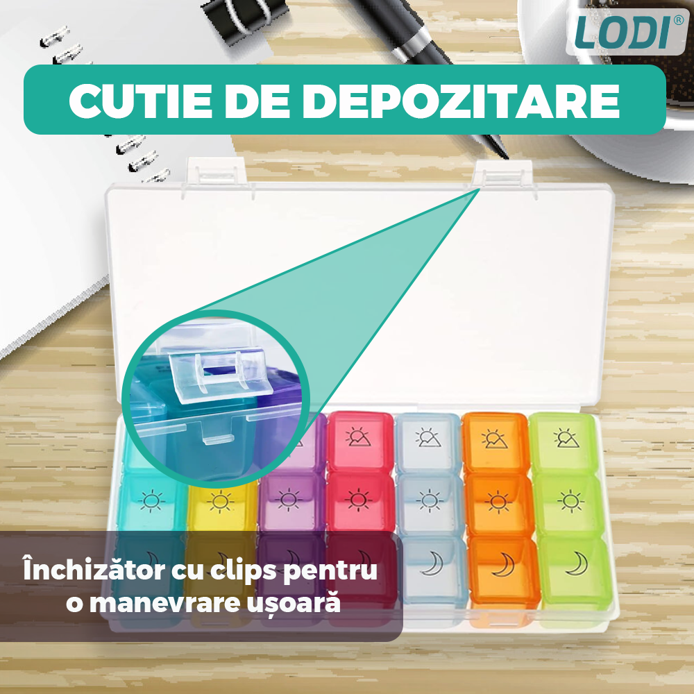 Cutie Organizatoare de Medicamente Lodi750, pastile si vitamine, 7 zile, recipiente detasabile cu 3 compartimente, compacta, 20 x 11 cm, multicolor