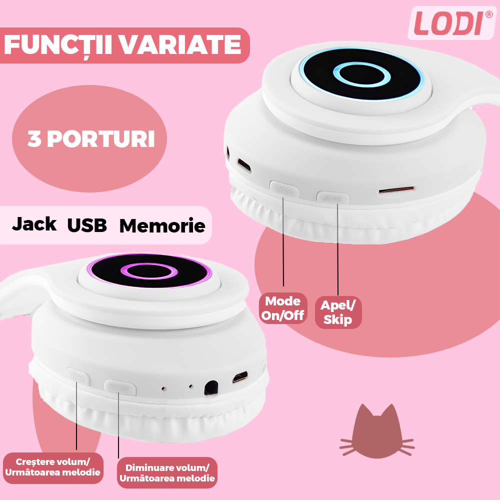 Casti Wireless Model Pisica Lodi1446, B39, overear, urechi de pisica cu iluminare RGB, bluetooth 5.0, handsfree, HiFi, bass stereo, alb