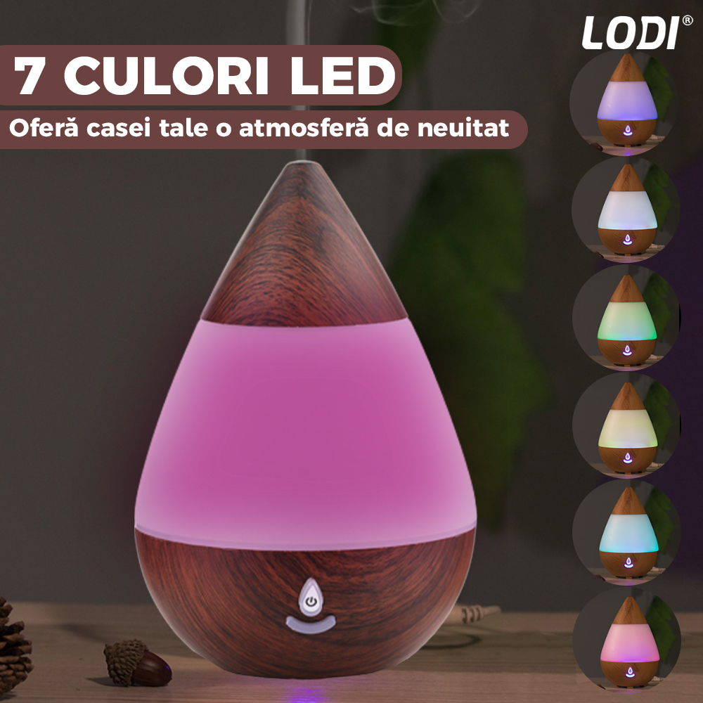 Difuzor Aromaterapie Lodi215, 7 culori LED, lumini dinamice, buton on/off, capacitate 235ml, silentios, umidifica aerul, stejar inchis