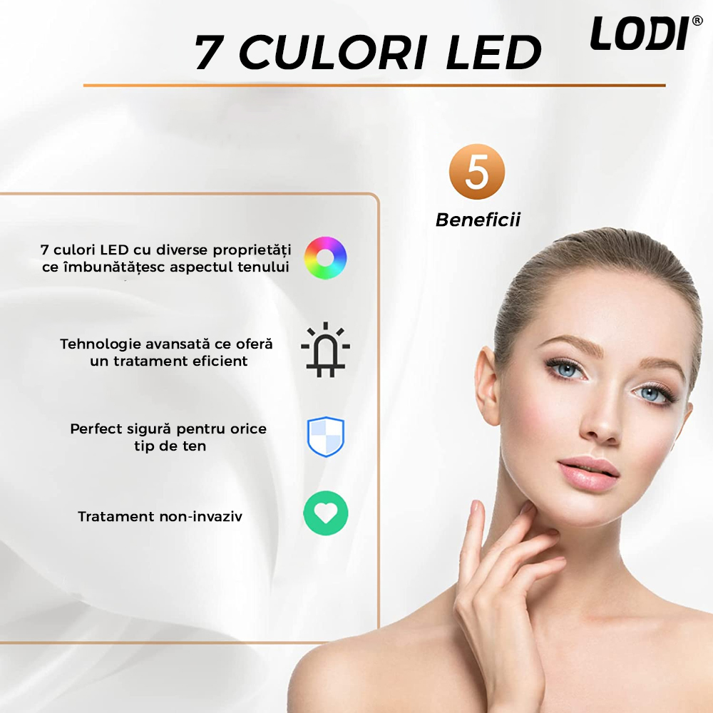 Masca Faciala 7in1 cu Led Lodi8, beneficii anti-imbatranire, reducerea ridurilor/acnee/pete, iluminare ten, curent galvanic, tratament complet, alb