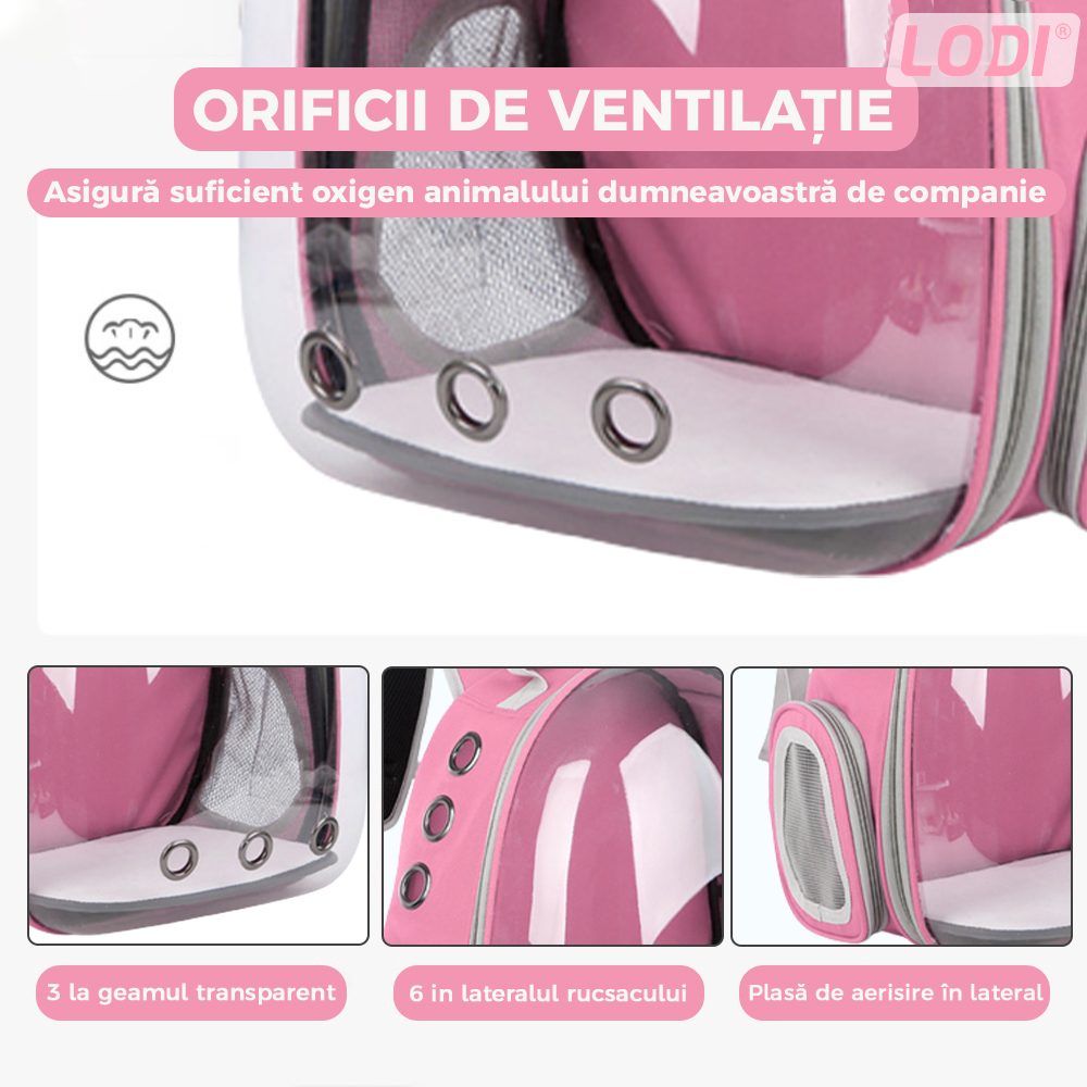 Rucsac Transport Animale Lodi373, greutate Max 7kg, hublou panoramic transparent, buzunar lateral, 2 iesiri, pentru talie mica, roz