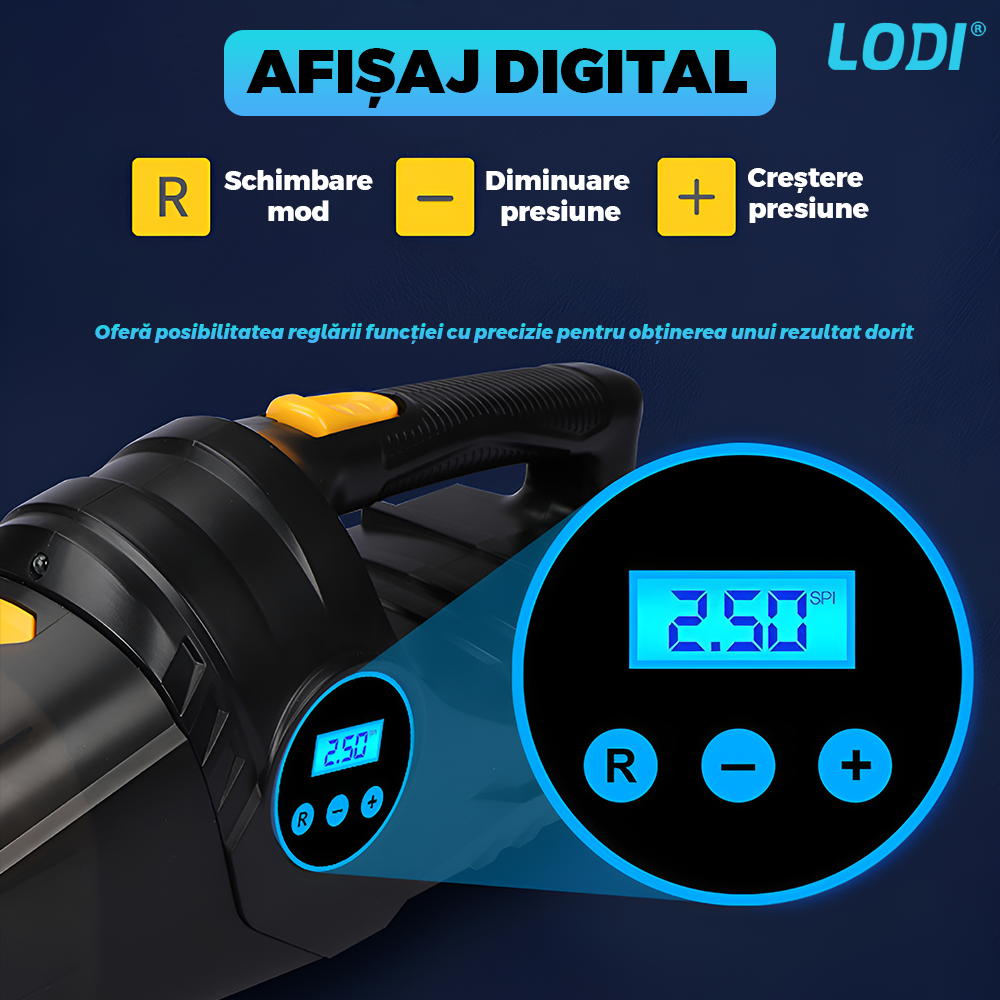 Aspirator Auto 4 in 1 Lodi1179, portabil, multifunctional, wireless, compresor anvelope. manometru, lanterna LED, aspirare umeda/uscata, vacuum 6000 mbar, putere motor 100W, afisaj digital, negru