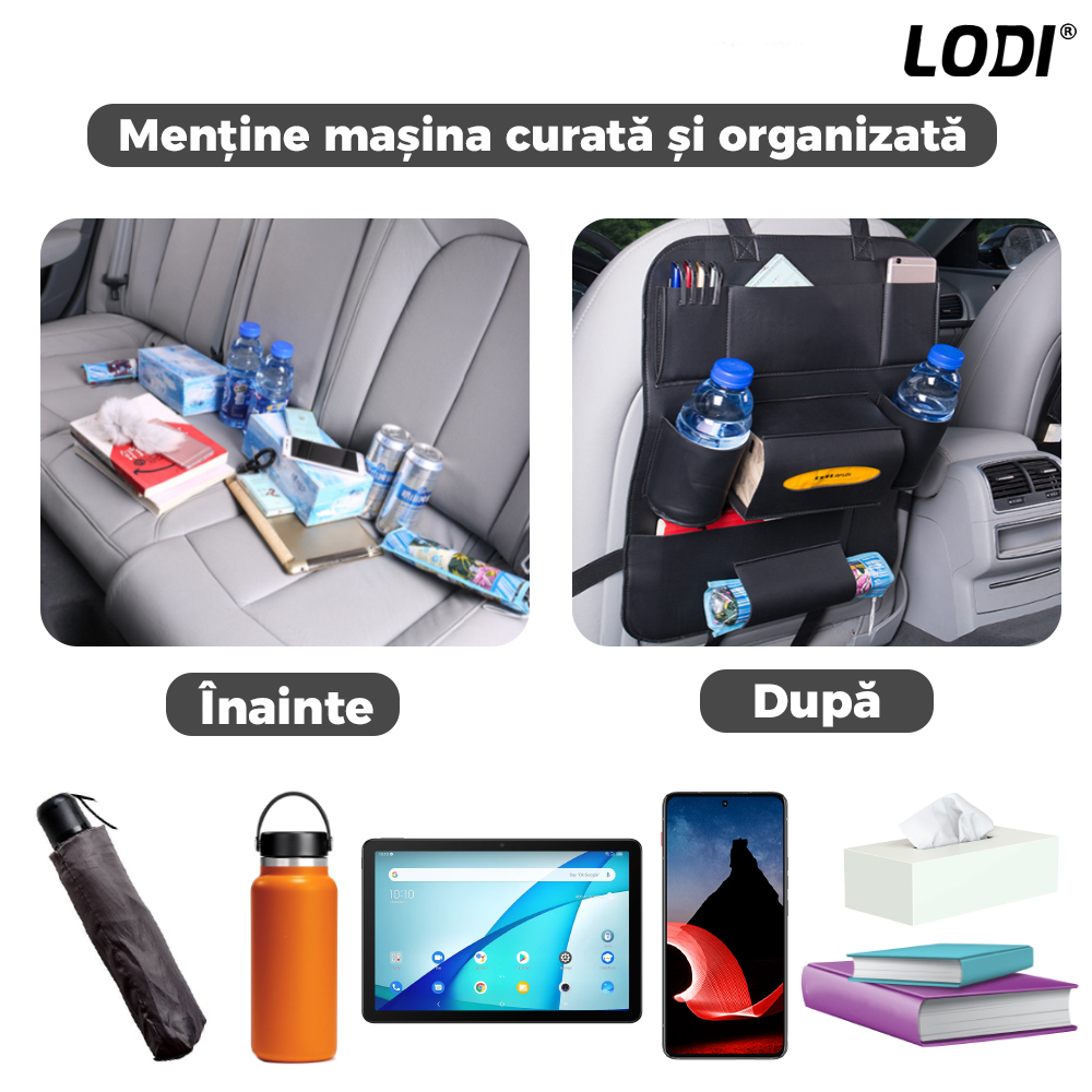 Organizator pentru Scaun Auto Lodi136, 9 Compartimente, multifunctional, universal, suport tableta si telefon, suport servetele, negru