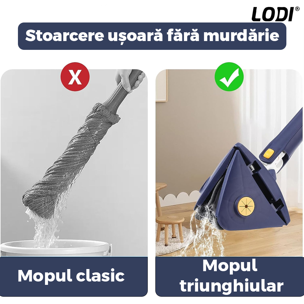 Mop cu Cap Triunghiular Lodi321, rotire 360 grade, telescopic, curatare usoara, 4 lavete incluse, 127 cm, albastru/galben