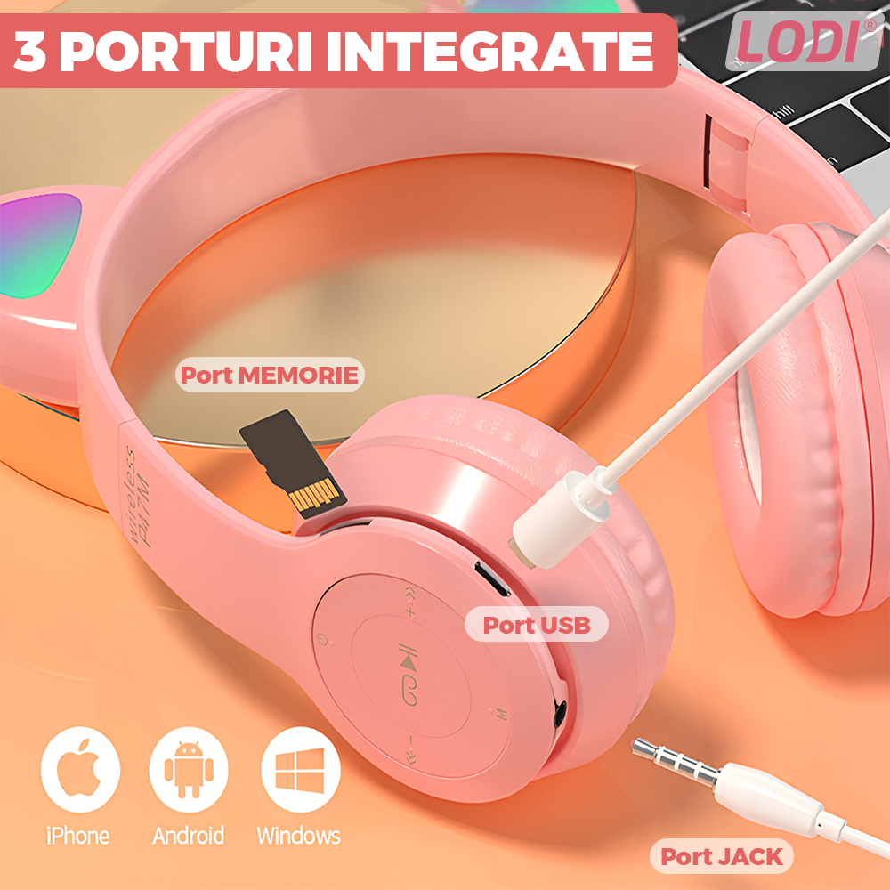 Casti Wireless Model Pisica Lodi951, P47M, overear, urechi de pisica cu iluminare RGB, bluetooth 5.0, handsfree, HiFi, bass stereo, roz