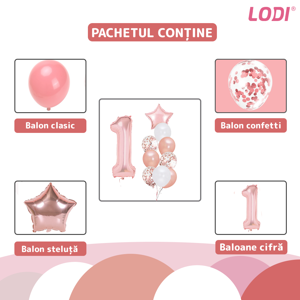 Set 12 Baloane Lodi1060, Cifra 1, pentru Petreceri/Aniversari/Evenimente, Stea/Rotunde/Confetti, 3 culori, latex, rose gold