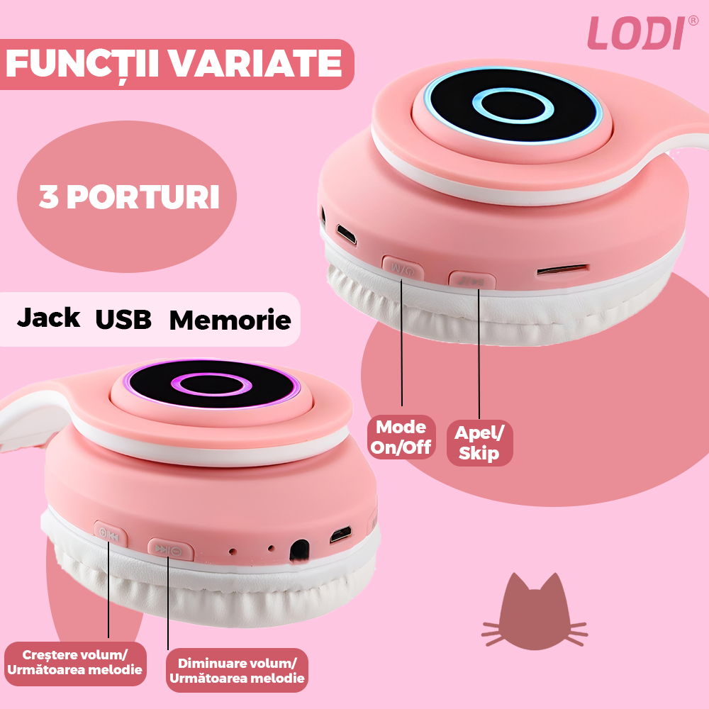 Casti Wireless Model Pisica Lodi949, B39, overear, urechi de pisica cu iluminare RGB, bluetooth 5.0, handsfree, HiFi, bass stereo, roz