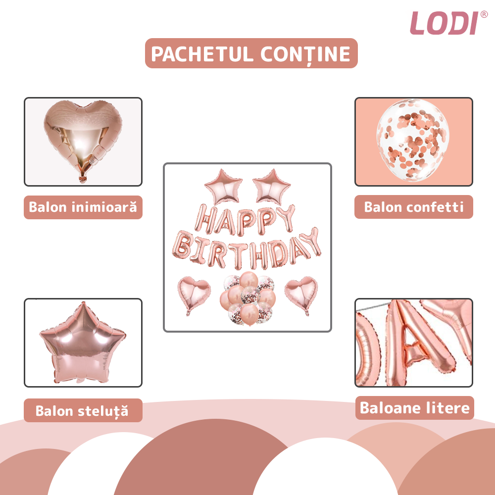 Set 27 Baloane Lodi757, Litere, pentru Petreceri/Aniversari/Evenimente, confetti, stelute, inimioare, model HAPPY BIRTHDAY, rose gold