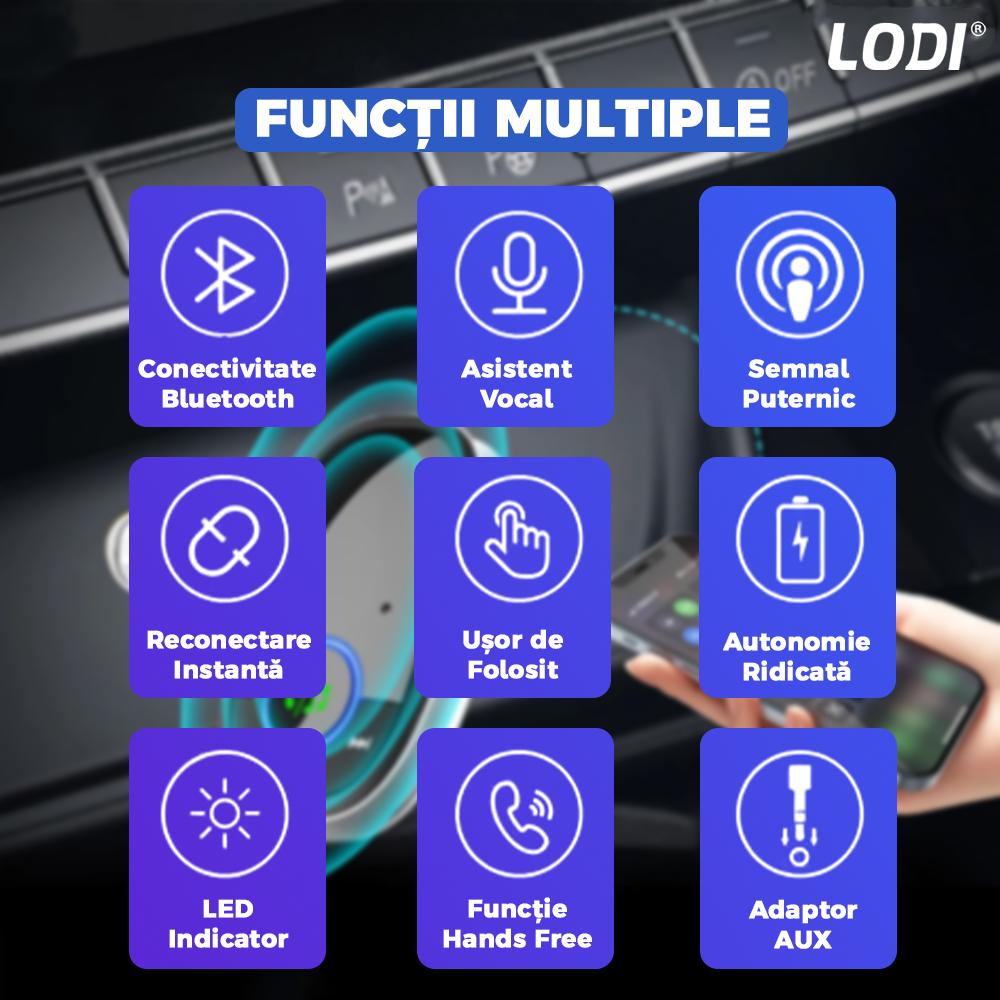 Modulator FM Lodi538 Bluetooth 5.0, hands-free, adaptor Aux, 2 moduri de conectare, led indicator, super portabil, negru