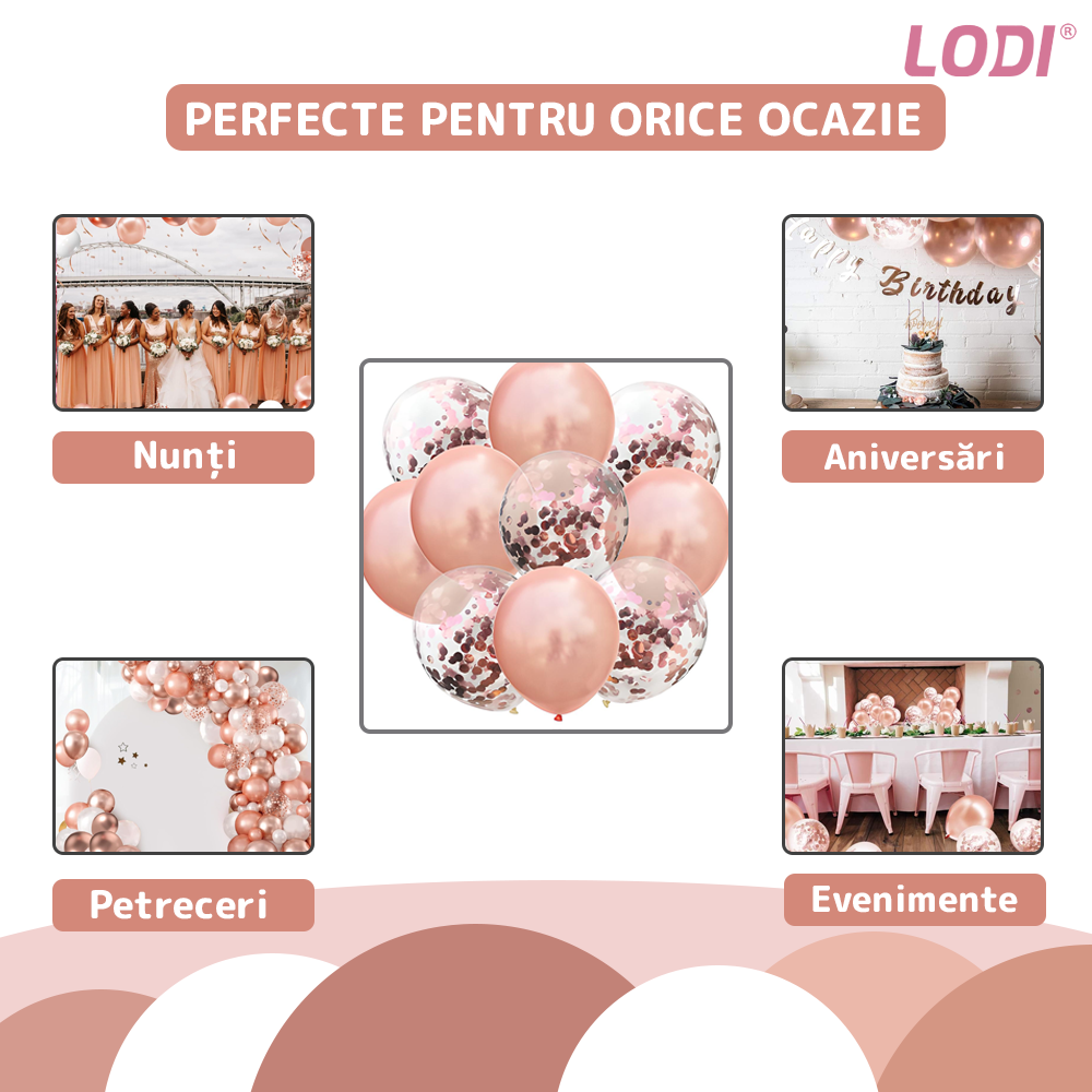 Set 10 Baloane Lodi727, Confeti, pentru Petreceri/Aniversari/Evenimente, o singura dimensiune, 2 culori, latex, rose gold