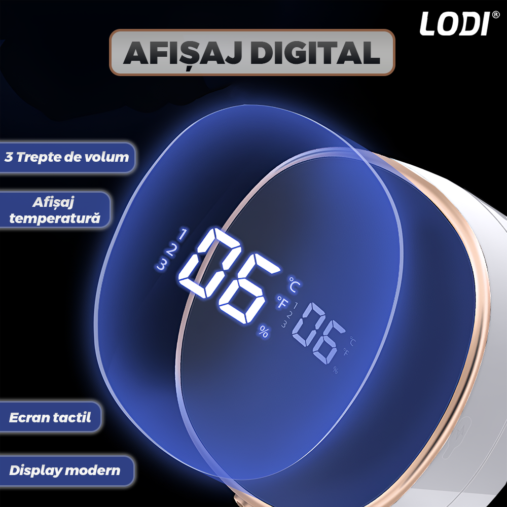 Dozator Automat pentru Sapun Lodi1217, spuma sau lichid, afisaj digital, 3 trepte de dozare, senzor inteligent de miscare, baterie reincarcabila, montare adeziva pe perete, alb/negru