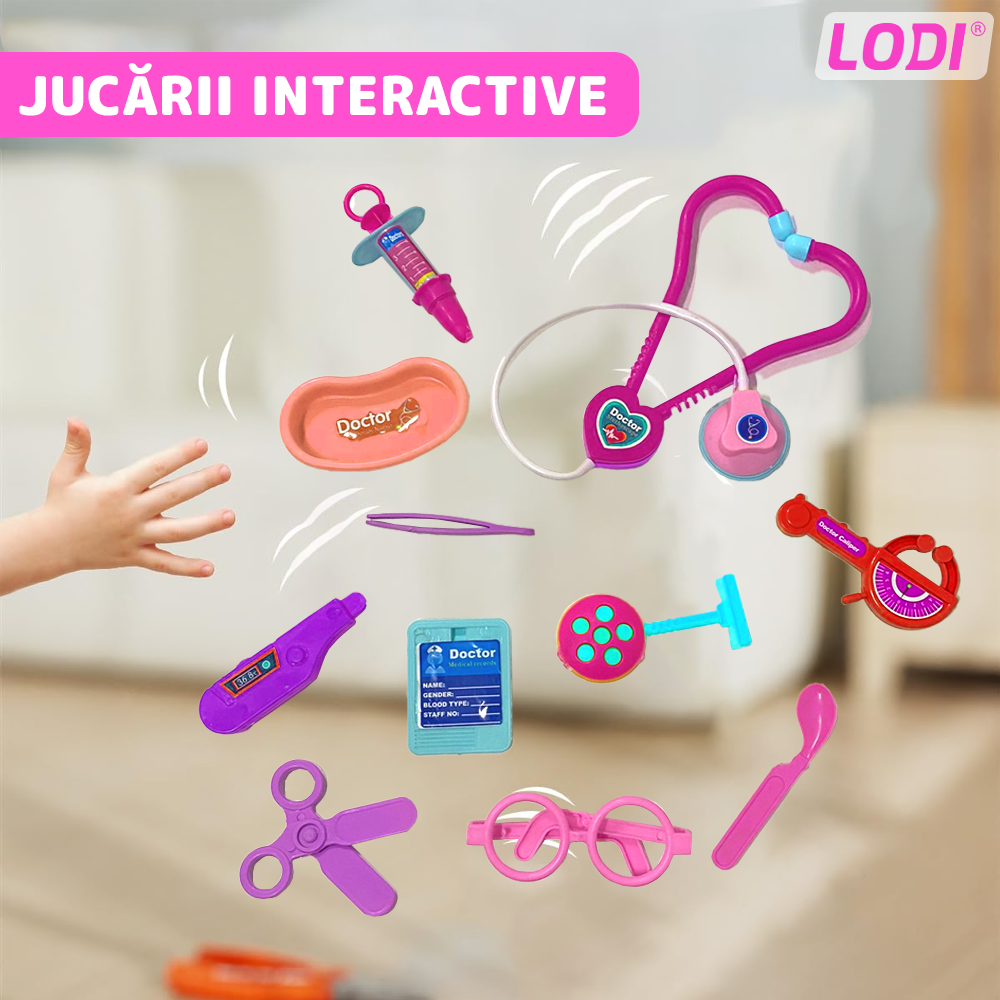 Set Trusa Medicala Asistenta Doctor Lodi478, joc de rol, 11 accesorii si cutie penntru depozitare, 37.5 x 21 cm, roz deschis