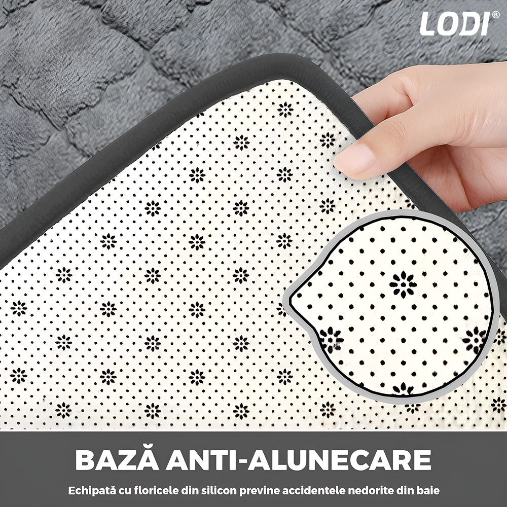 Set 2 Covorase de Baie Lodi1015, anti-derapante, material moale, design modern, model floral, 80x50 & 50x40cm, gri