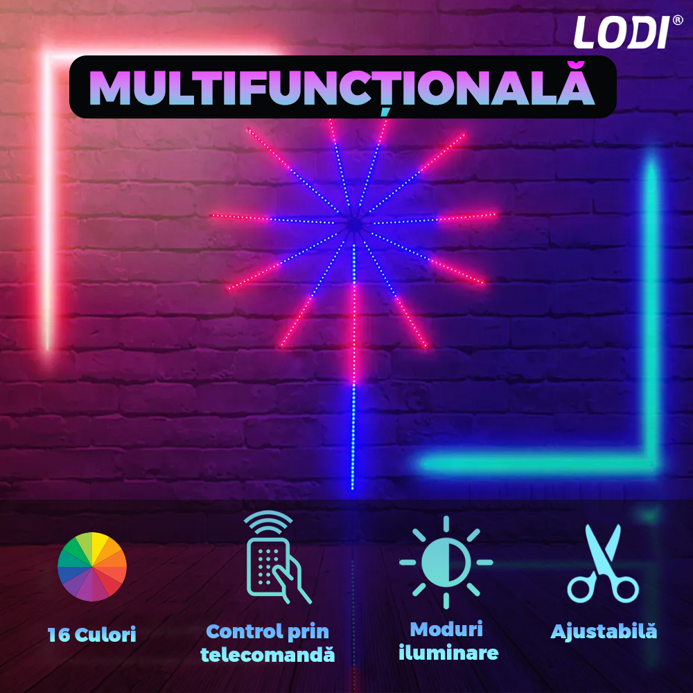 Kit Banda LED RGB Lodi420, model artificii, inteligenta cu intensitate de lumina si culori reglabile, control prin telecomanda cu 24 taste si aplicatie telefonica, 5050RGB, utilizare exterior IP65, 10 m, multicolora