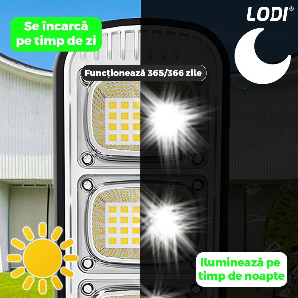 Lampa Solara Stradala 72 LED-uri Lodi883, control prin telecomanda, senzor de miscare, 3 moduri de iluminare, protectie IP65, Waterproof, exterior, negru