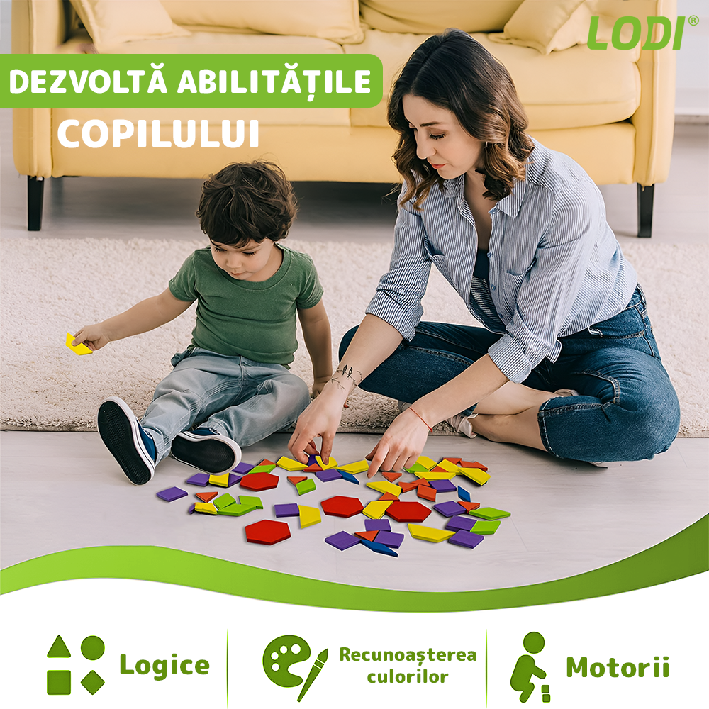 Joc Educativ din Lemn Lodi1172, Tangram cu 250 piese, 12 planse de puzzle, cifre și simboluri matematice, dezvolta inteligenta, culori non-toxice, multicolor