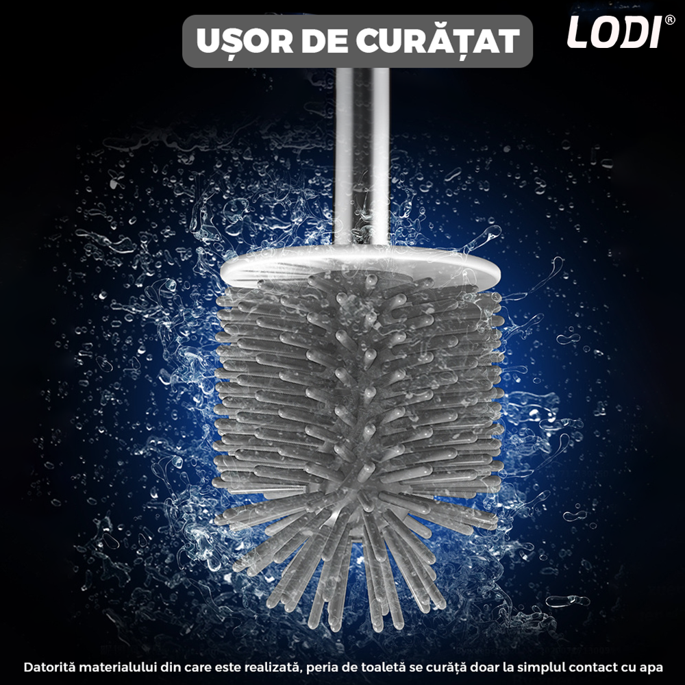 Set 2 Perii pentru Toaleta Lodi1107, perie de silicon, perie zimtata, cap flexibil, suport adeziv pentru montarea pe perete, curata orice tip de suprafata, alb/gri