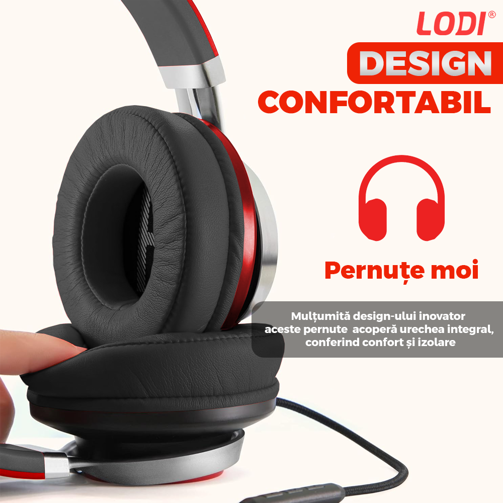 Casti Wireless Lodi962, overear, bluetooth 4.2, extra bass, blocare sunete externe, slot card TF, functii multiple, rosu
