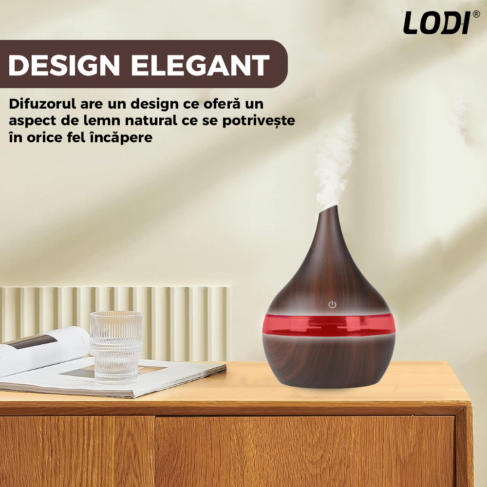 Difuzor Aromaterapie Lodi1463, forma conica, lumini ambientale, control tactil, capacitate 200ml, silentios, rezerva inclusa, alimentare USB, umidifica aerul, stejar inchis