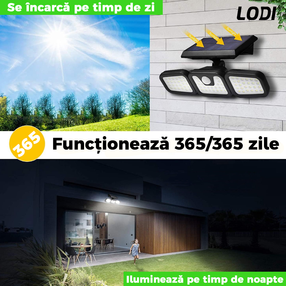 Lampa Solara Tripla 72 LED-uri Lodi64, senzor de miscare, 3 moduri de iluminare, protectie IP67, Waterproof, exterior, negru