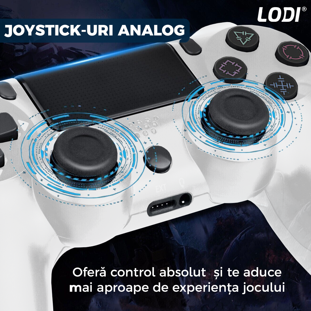 Controller Wireless DoubleShock Lodi1193, compatibil cu PS4, joystick-uri analog, vibratie dubla, baterie performanta, alb