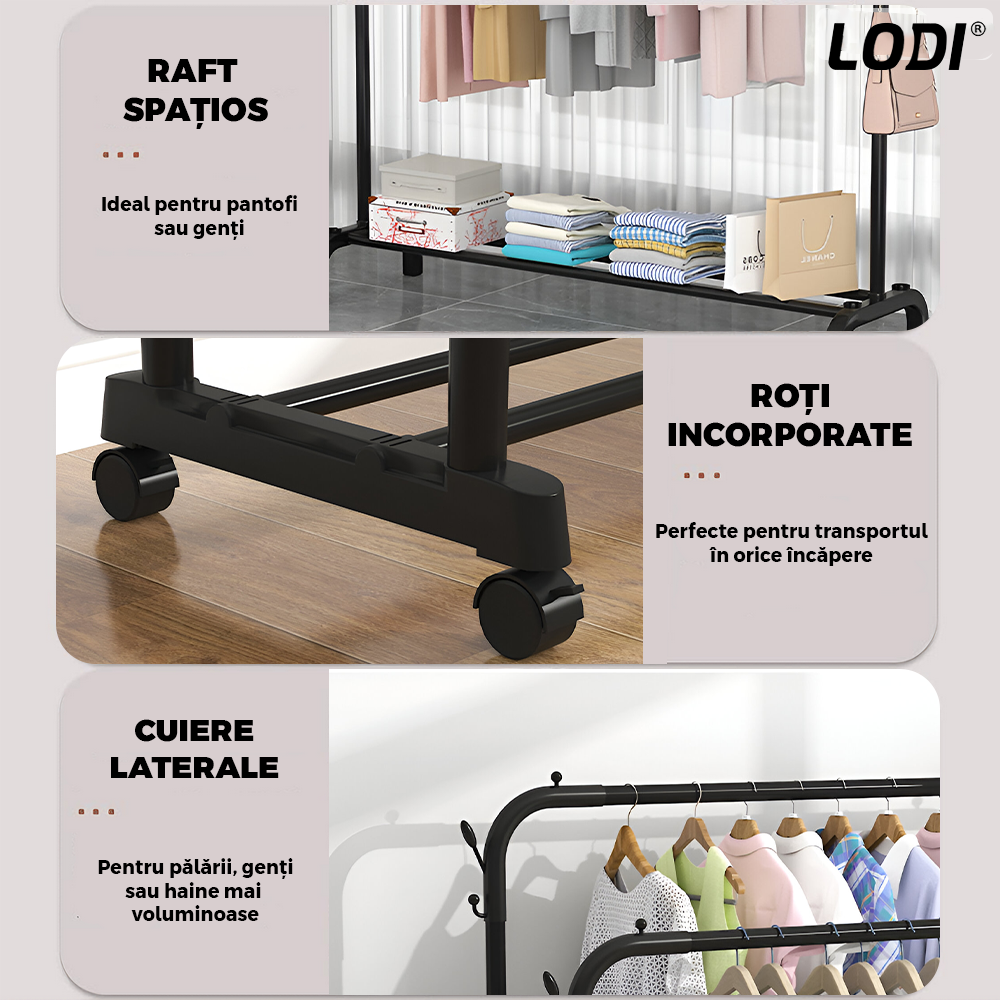 Suport pentru Umerase Lodi1243, haine/pantofi/genti, capacitate ridicata, mobil, roti cu frana incorporate, cuiere laterale, metal, 150 x 96 x 45 cm, negru
