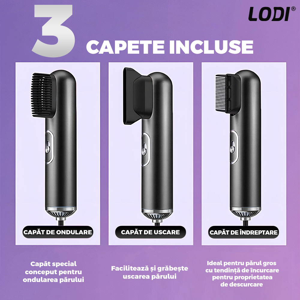 Uscator Profesional de Par 3 in 1 Lodi1083, aparat multifunctional coafare si uscare, 3 accesorii incluse, 1200W, negru