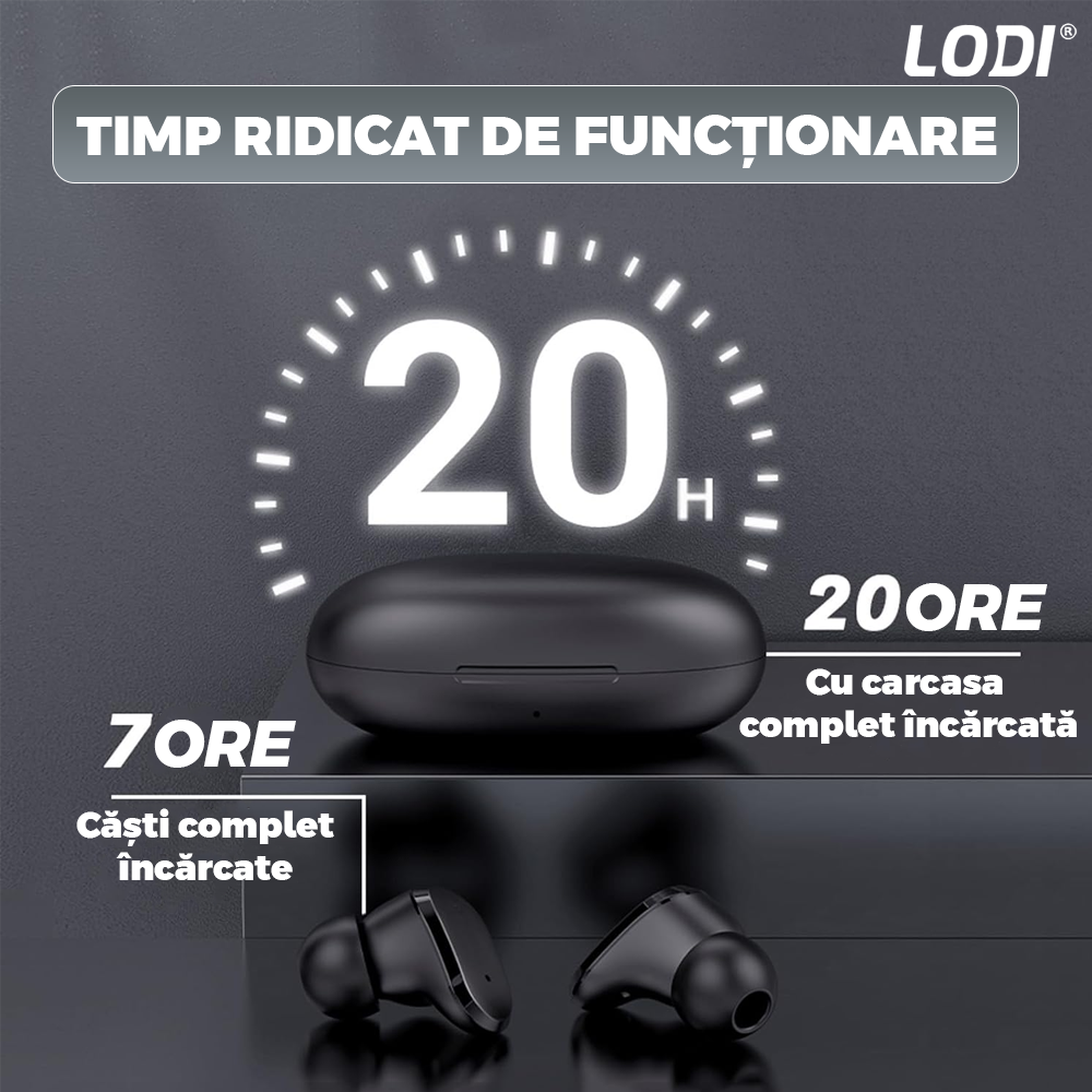 Casti Wireless Lodi985, TWS, Bluetooth 5.0, afisaj digital, carcasa magnetica, sunet stereo, compatibilitate univesala, design compact, autonomie 7 ore,negru