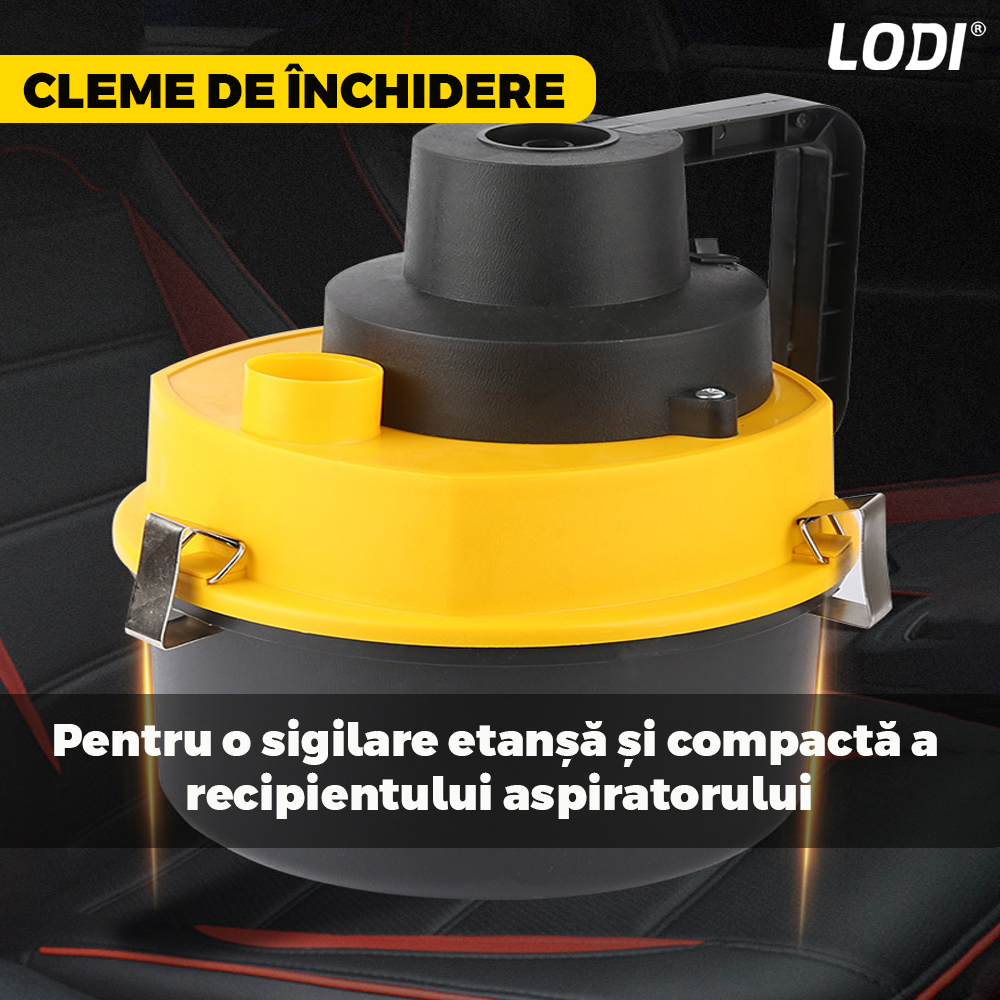Aspirator Auto Portabil Lodi359, capacitate 3 litri, 120 W, alimentare bricheta auto 12 V, aspirare umed si uscat, 4 accesorii incluse, galben