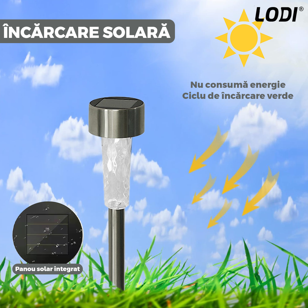 Set 10 Lampi Solare pentru Gradina Lodi1119, tehnologie LED, pentru exterior, incarcare solara, autonomie 8 ore, tip tarus, PVC, lumina alb rece