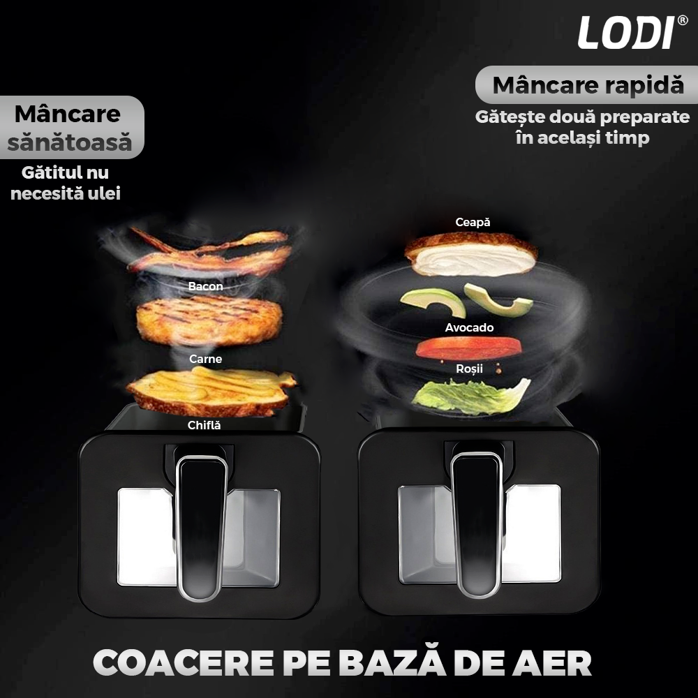 Friteuza Dubla Fara Ulei Air Fryer Lodi1067, tehnologie smart sensing, programe smart chef automate, afisaj digital, capacitate 10 L, tehnologie de eliminare a grasimii, functie de pastrare la cald,tensiune alimentare 240 V, culoare negru