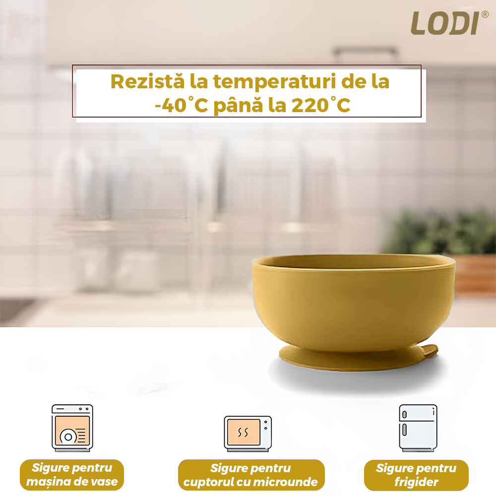 Set Hranire Bebeulsi Lodi1009, 6 piese, termorezistente, silicon, fara BPA, pliabile, usor de curatat, galben ocru